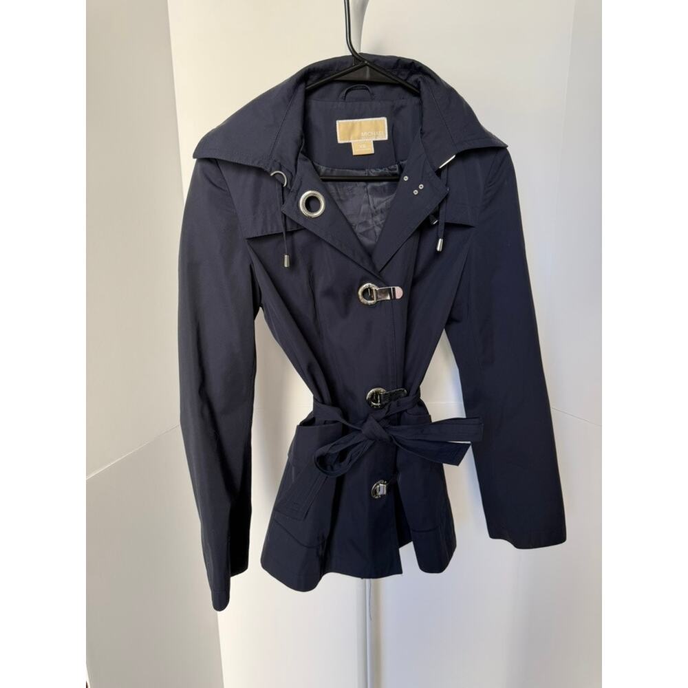 Michael Kors Navy Blue Hooded Belted Rain Jacket Trench Coat XS